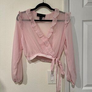 Sheer Mesh Pink Ruffle Cropped Wrap Tie Blouse Size S NWOT Balletcore